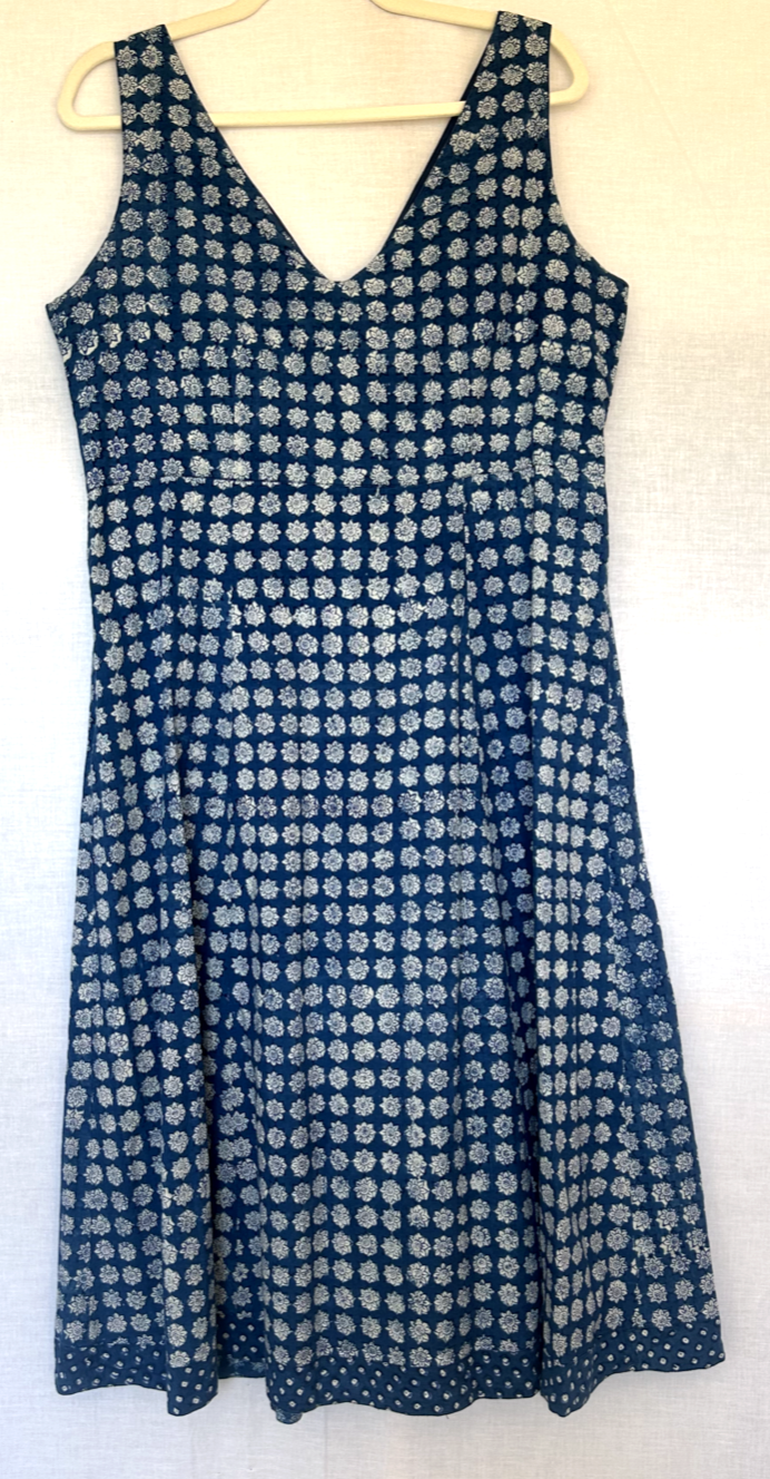 ANOKHI Dress 16 Blue & White Cotton Hand Block Printed Midi Length (Pre-Loved)