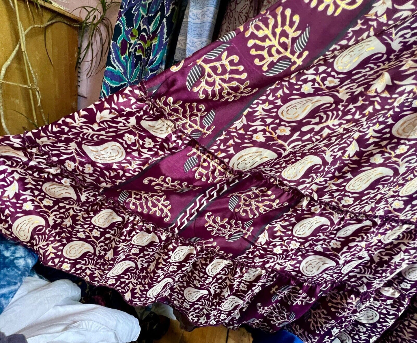 Silk Dress OS Purple Paisley Batwing Sleeve Tiered Ruffle Maxi Length BNWT