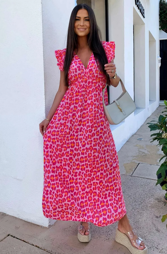 Cotton Dress Pink V-Neck Frill Sleeve Maxi Length BNWT