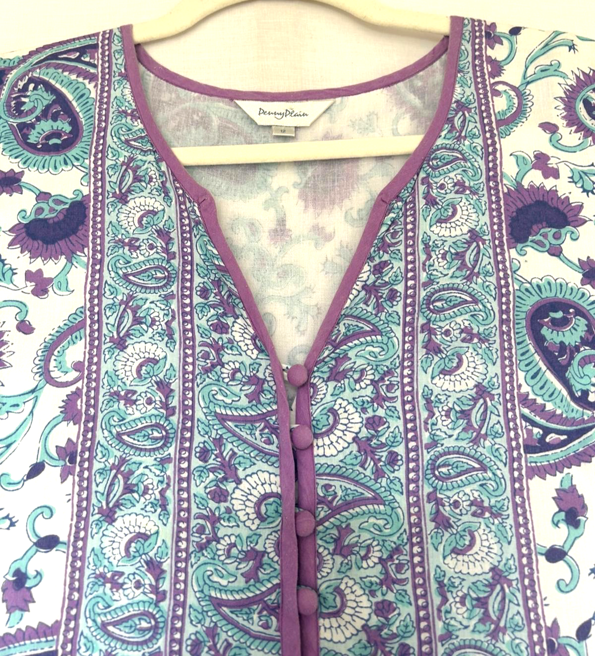 PENNY PLAIN Dress 12 Purple & Turquoise Cotton Hand Block Printed Buttons Lined (Pre-Loved)