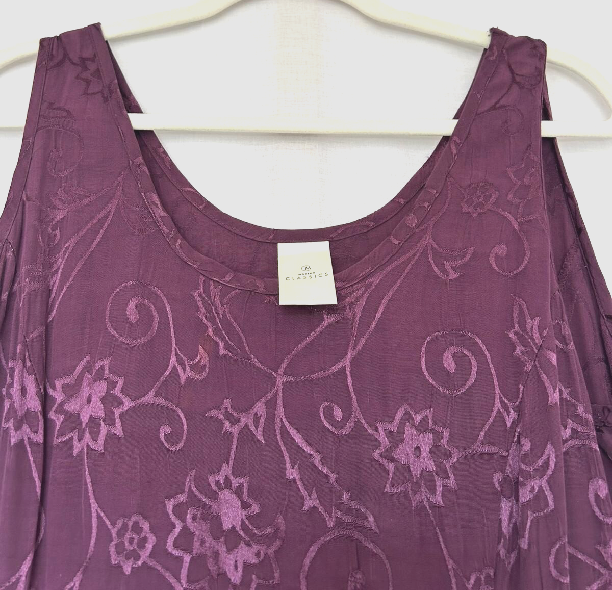Dress 14 Purple Sleeveless Round Neck Embroidered Midi Length Ties at Back (Pre-Loved)