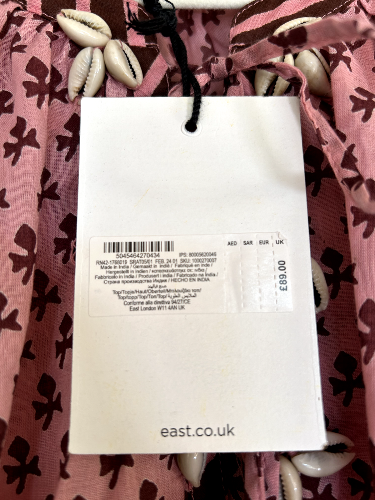 EAST Tunic Top 14 Cotton Libi Hand Block Printed Pink Tassels Side Slits BNWT