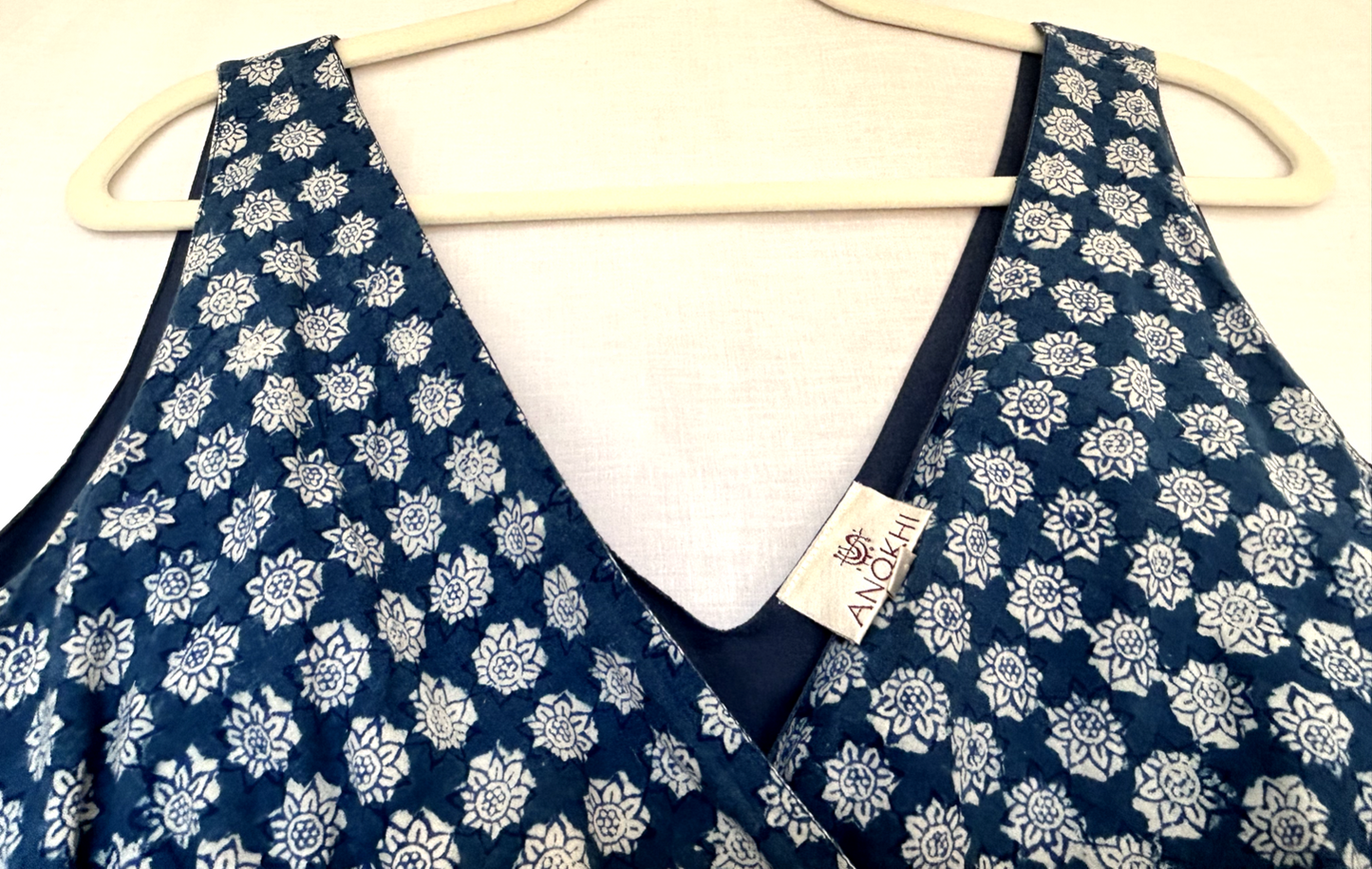 ANOKHI Dress 16 Blue & White Cotton Hand Block Printed Midi Length (Pre-Loved)