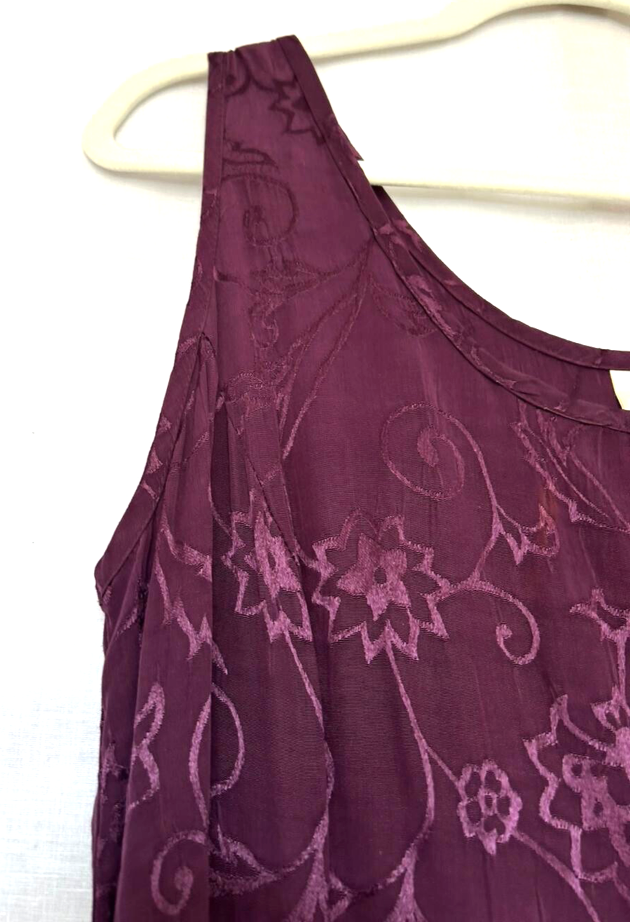 Dress 14 Purple Sleeveless Round Neck Embroidered Midi Length Ties at Back (Pre-Loved)