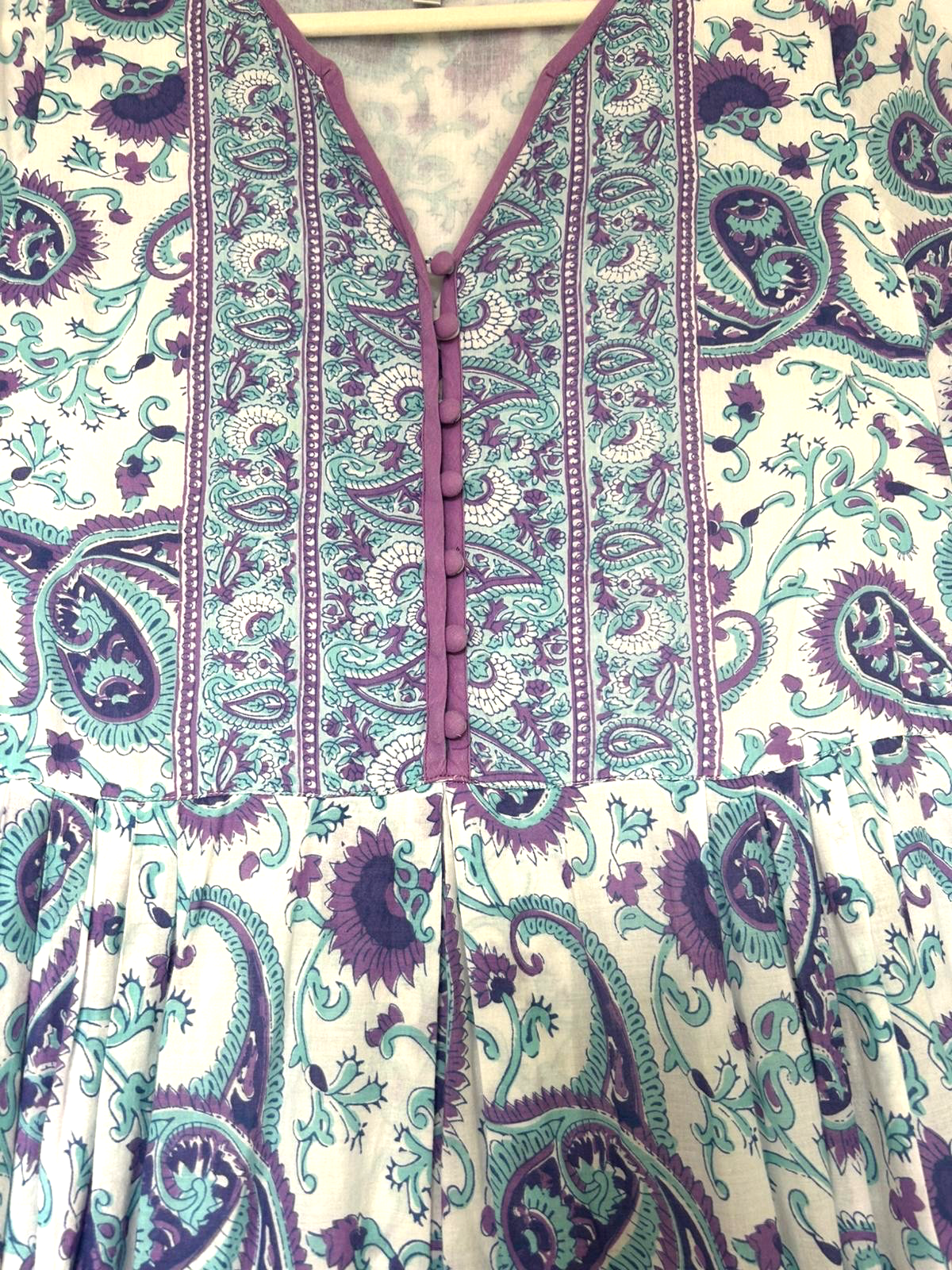 PENNY PLAIN Dress 12 Purple & Turquoise Cotton Hand Block Printed Buttons Lined (Pre-Loved)