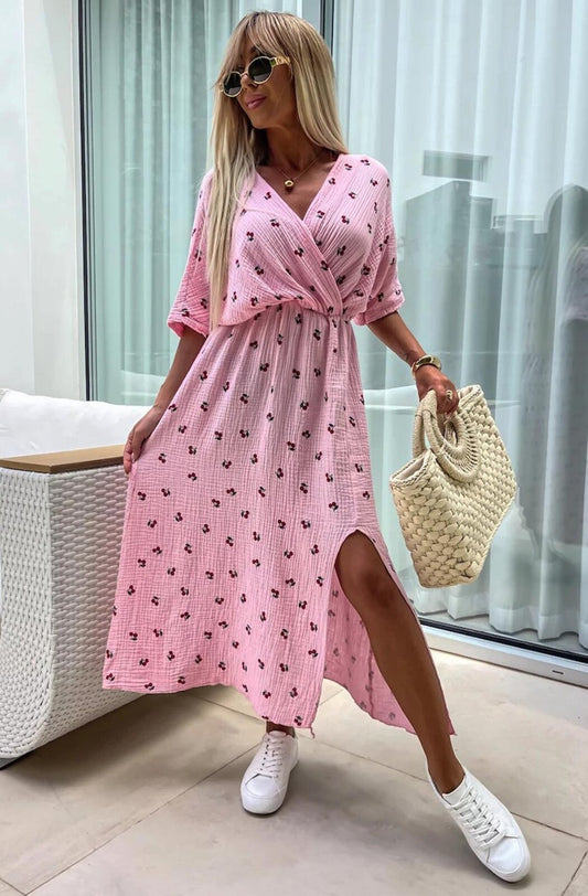 Cotton Dress Faux Wrap Side Slit Midaxi Length OS Fits 8 to 12 BNWT