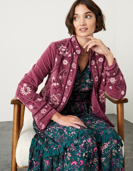 MONSOON Jacket 14 Rose Velvet Embroidered Pockets Long Sleeves BNWT