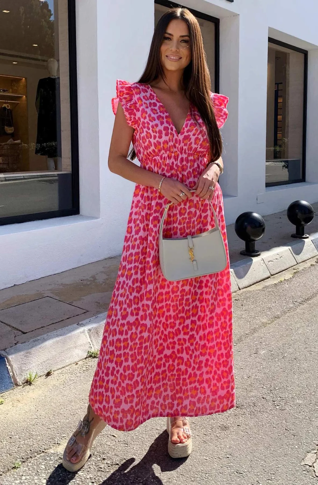 Cotton Dress Pink V-Neck Frill Sleeve Maxi Length BNWT