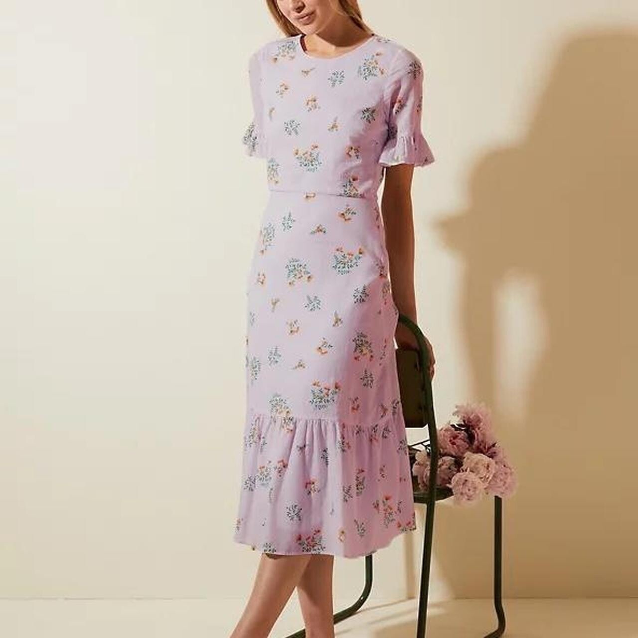 GHOST X M&S Dress 12 Cotton Lined Pale Lilac Midi Floral Tea Dress Style BNWT