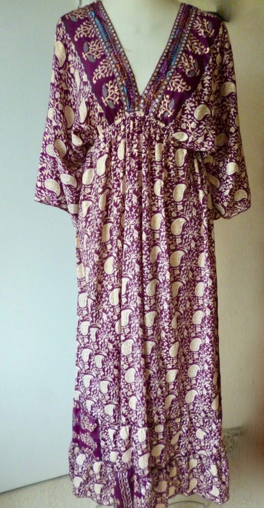 Silk Dress OS Purple Paisley Batwing Sleeve Tiered Ruffle Maxi Length BNWT