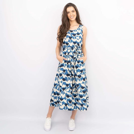 SEASALT Dress 10 Blue Cotton "Belle" Side Zip Sleeveless Belt Tie BNWT