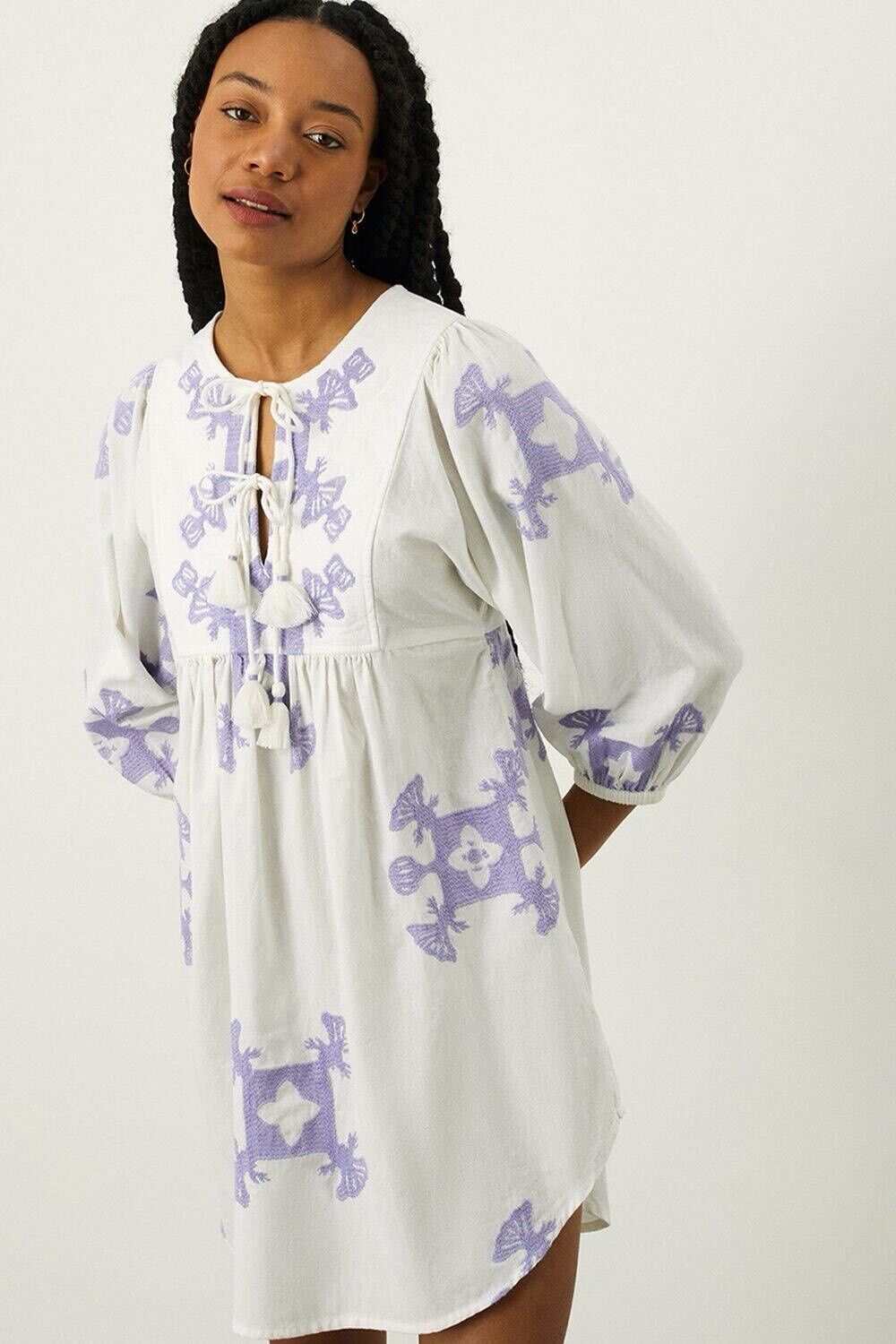 MONSOON Tunic Dress Medium Cotton Embroidered Tassel Beach Collection BNWT