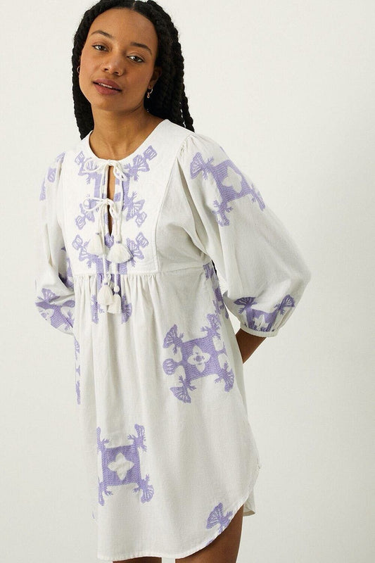 MONSOON Tunic Dress Medium Cotton Embroidered Tassel Beach Collection BNWT