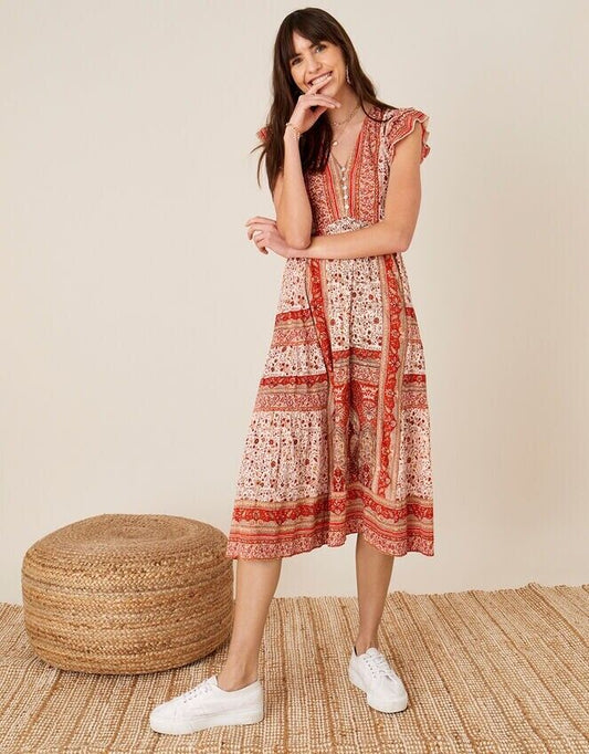 MONSOON Dress Large Orange Cotton Jersey Frill Sleeve V Neckline BNWT
