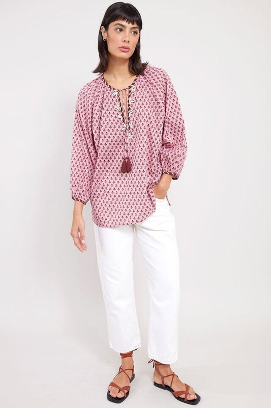 EAST Tunic Top 14 Cotton Libi Hand Block Printed Pink Tassels Side Slits BNWT