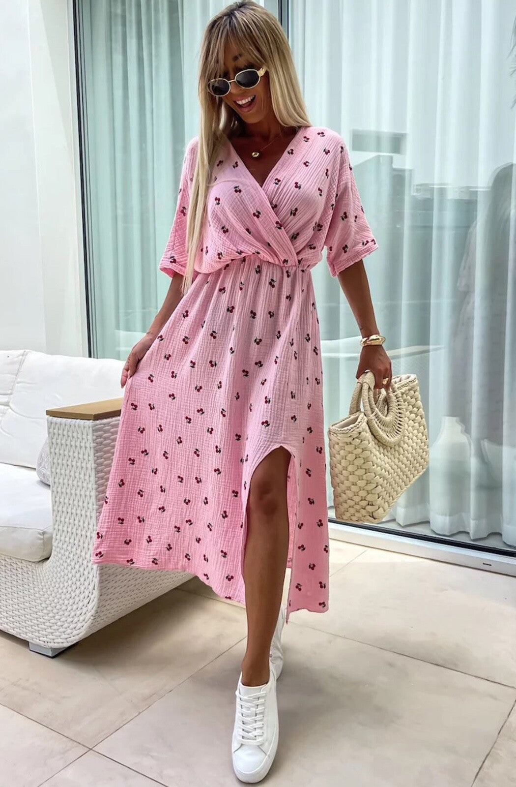 Cotton Dress Faux Wrap Side Slit Midaxi Length OS Fits 8 to 12 BNWT