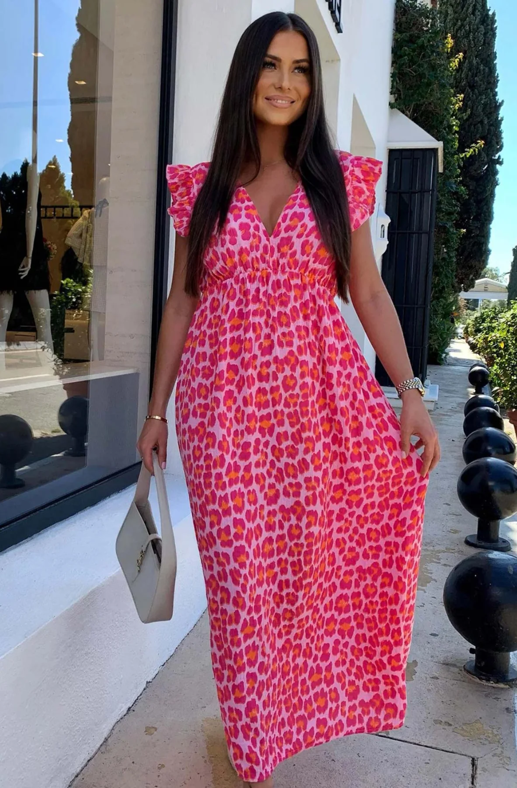 Cotton Dress Pink V-Neck Frill Sleeve Maxi Length BNWT