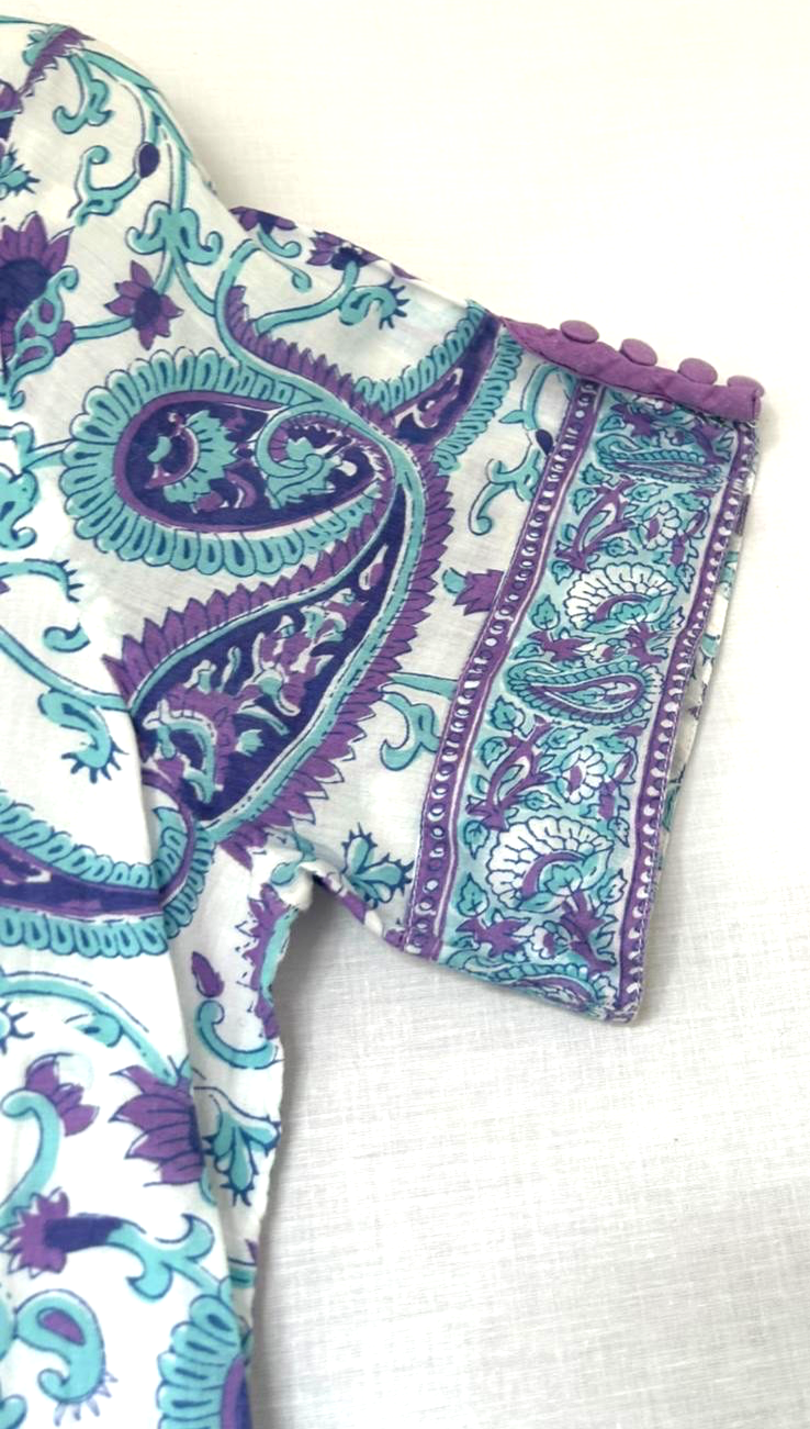 PENNY PLAIN Dress 12 Purple & Turquoise Cotton Hand Block Printed Buttons Lined (Pre-Loved)