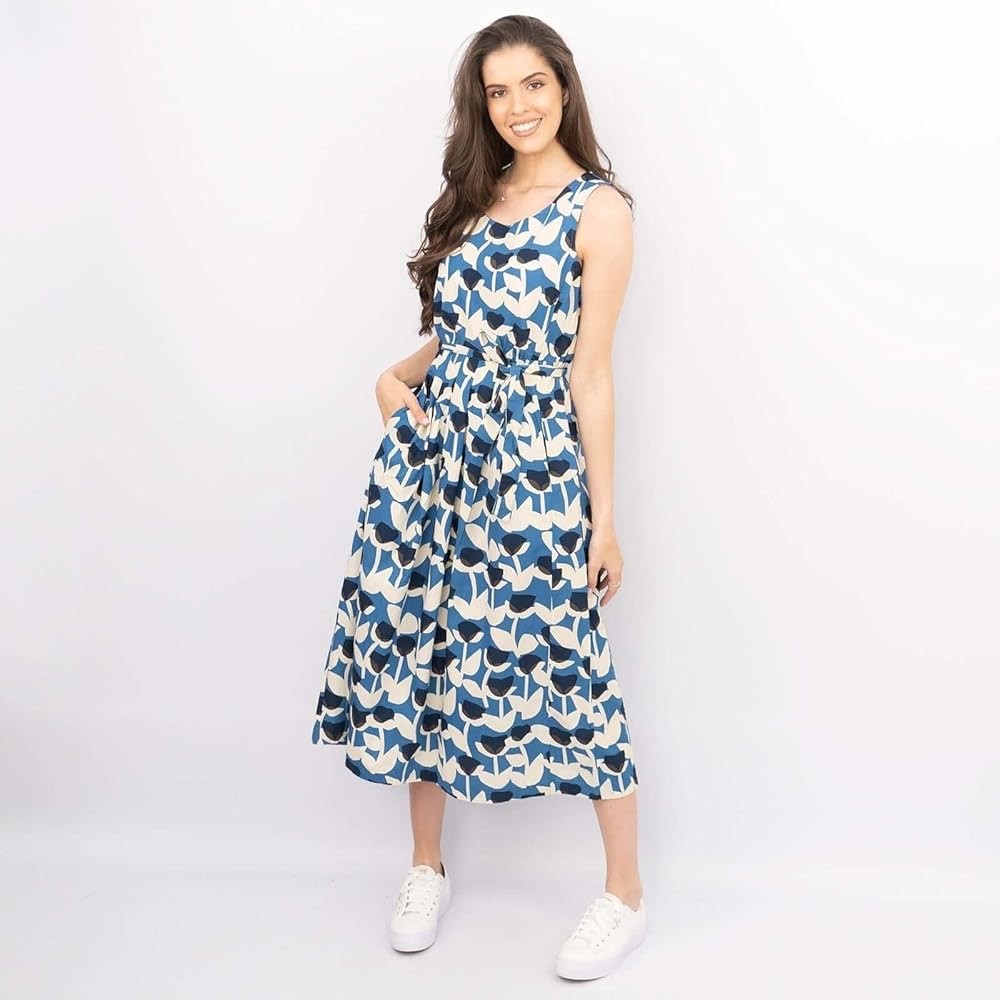 SEASALT Dress 10 Blue Cotton "Belle" Side Zip Sleeveless Belt Tie BNWT