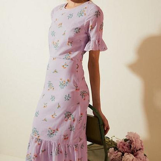 GHOST X M&S Dress 12 Cotton Lined Pale Lilac Midi Floral Tea Dress Style BNWT
