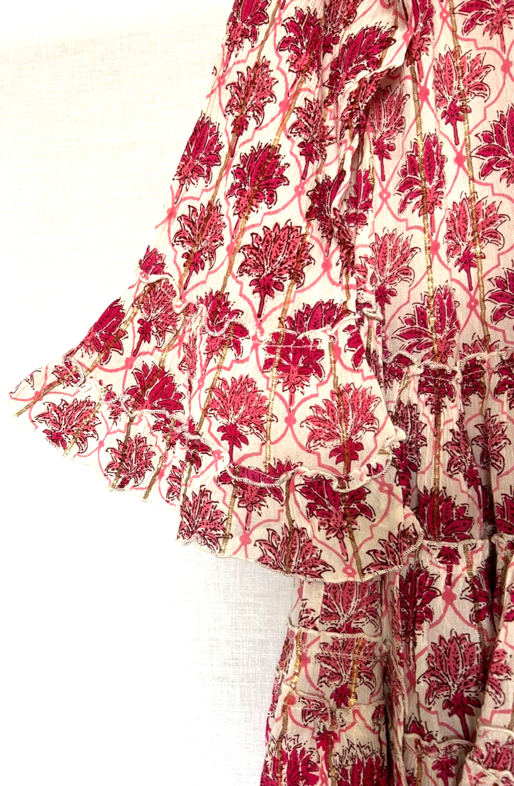 Tunic Dress Free Size Pink & Gold Ruffle Hem Button Through Contrast Trim BNWT
