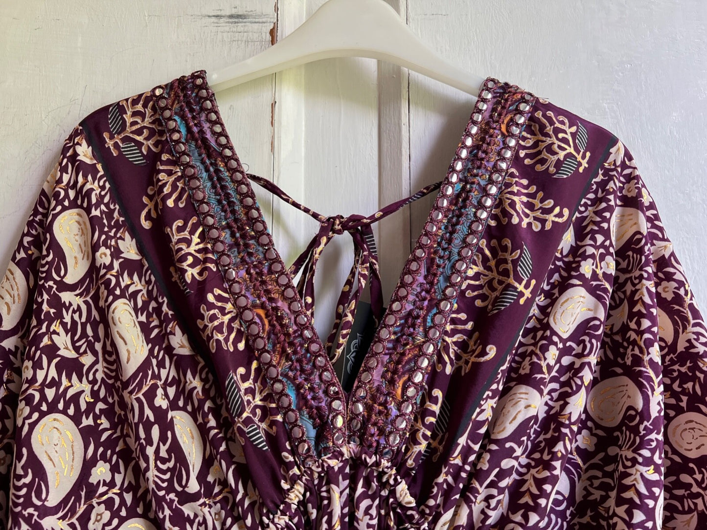 Silk Dress OS Purple Paisley Batwing Sleeve Tiered Ruffle Maxi Length BNWT