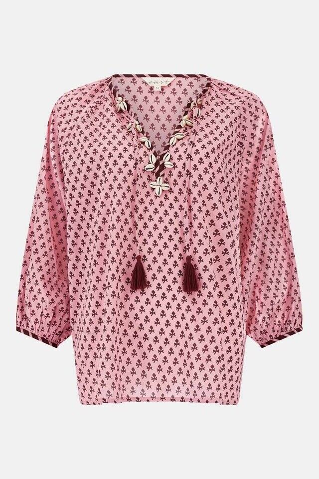 EAST Tunic Top 14 Cotton Libi Hand Block Printed Pink Tassels Side Slits BNWT