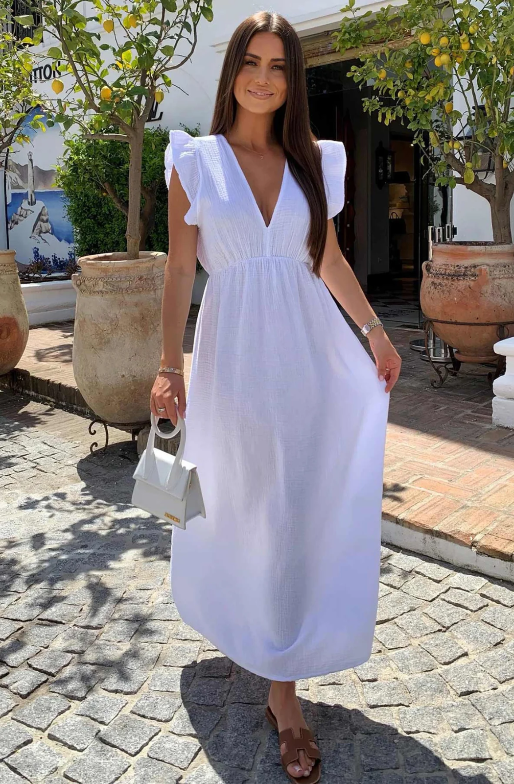 Cotton Dress V-Neck Maxi Length White or Blue S, M, L  BNWT