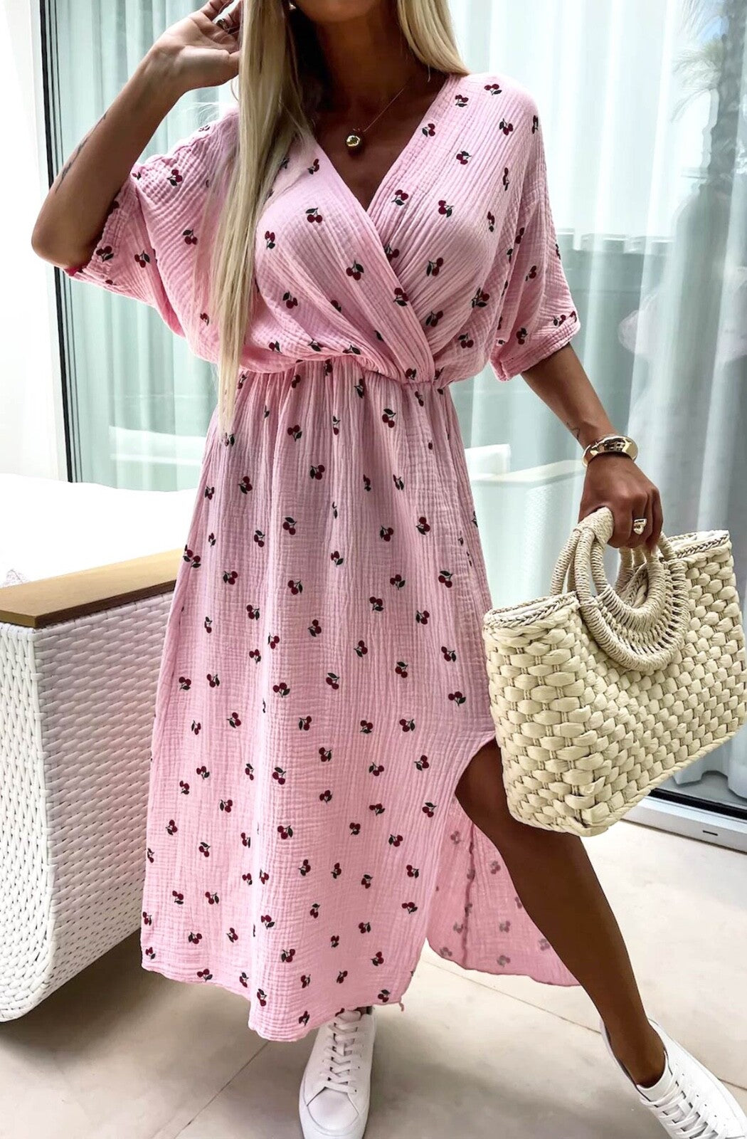 Cotton Dress Faux Wrap Side Slit Midaxi Length OS Fits 8 to 12 BNWT