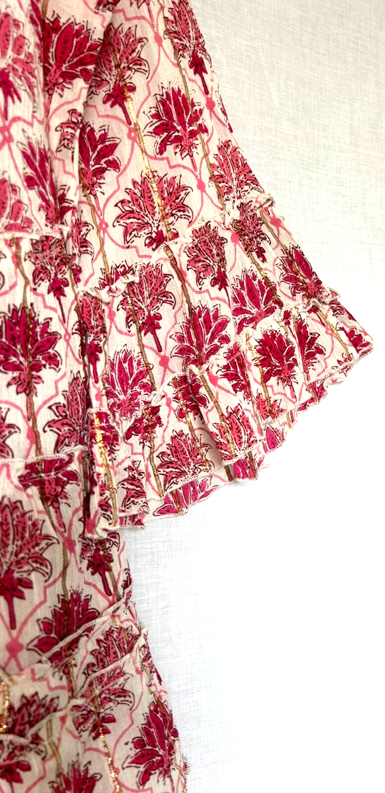 Tunic Dress Free Size Pink & Gold Ruffle Hem Button Through Contrast Trim BNWT