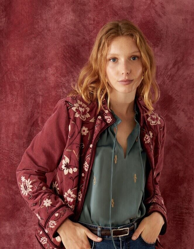 MONSOON Jacket 14 Rose Velvet Embroidered Pockets Long Sleeves BNWT