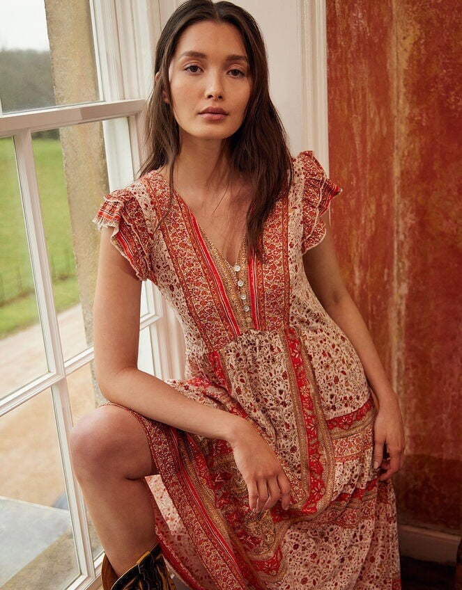 MONSOON Dress Large Orange Cotton Jersey Frill Sleeve V Neckline BNWT