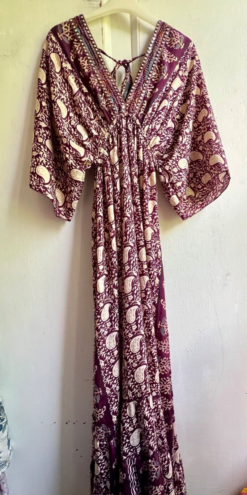 Silk Dress OS Purple Paisley Batwing Sleeve Tiered Ruffle Maxi Length BNWT