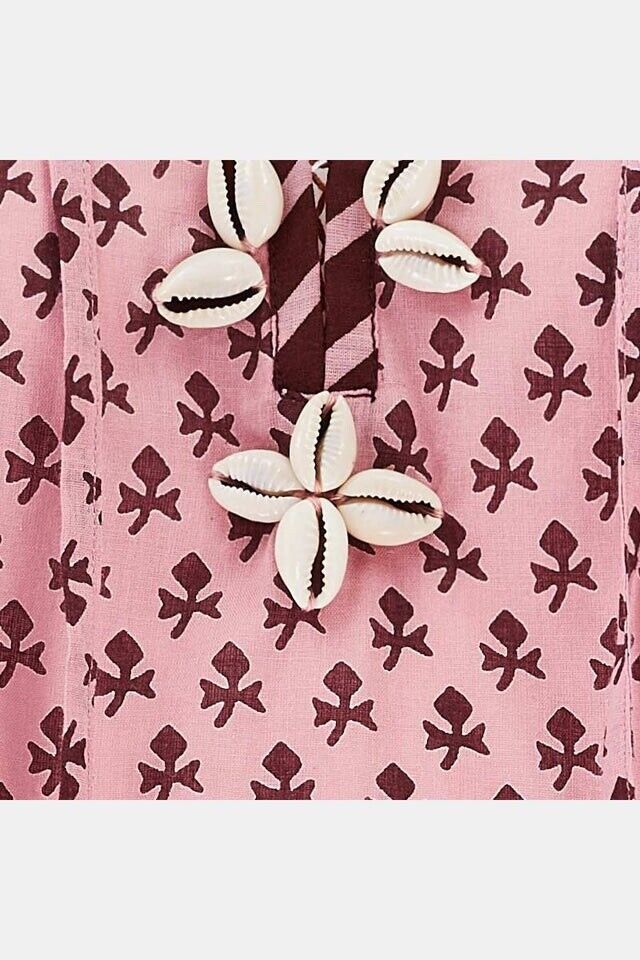 EAST Tunic Top 14 Cotton Libi Hand Block Printed Pink Tassels Side Slits BNWT