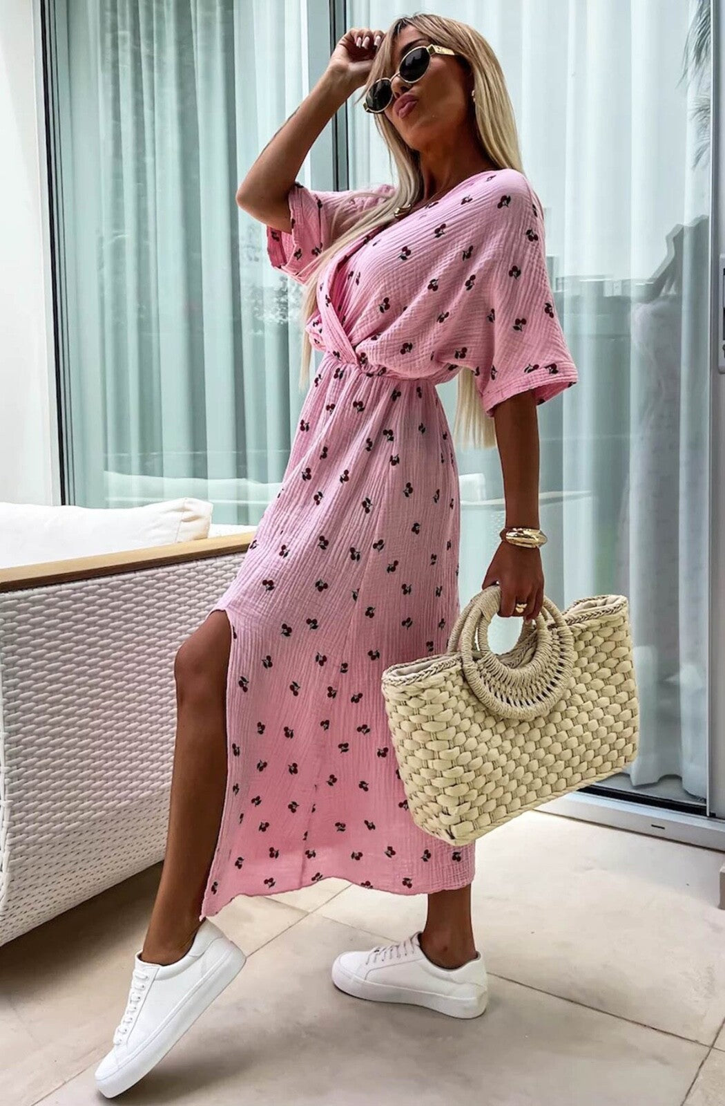 Cotton Dress Faux Wrap Side Slit Midaxi Length OS Fits 8 to 12 BNWT