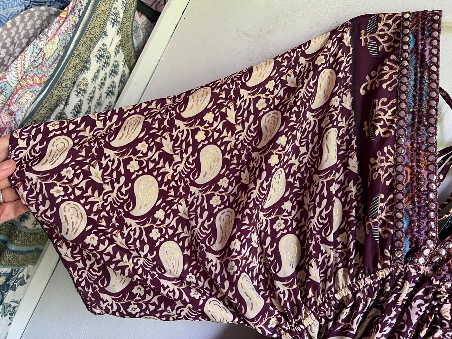 Silk Dress OS Purple Paisley Batwing Sleeve Tiered Ruffle Maxi Length BNWT