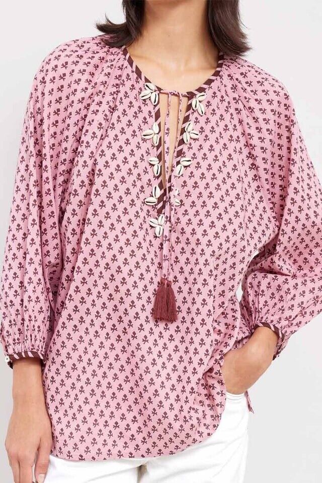 EAST Tunic Top 14 Cotton Libi Hand Block Printed Pink Tassels Side Slits BNWT