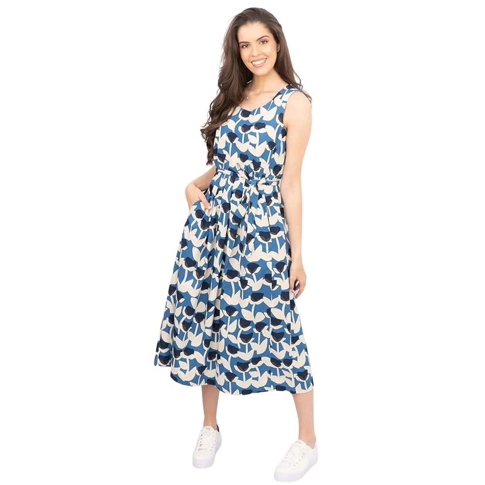 SEASALT Dress 10 Blue Cotton "Belle" Side Zip Sleeveless Belt Tie BNWT