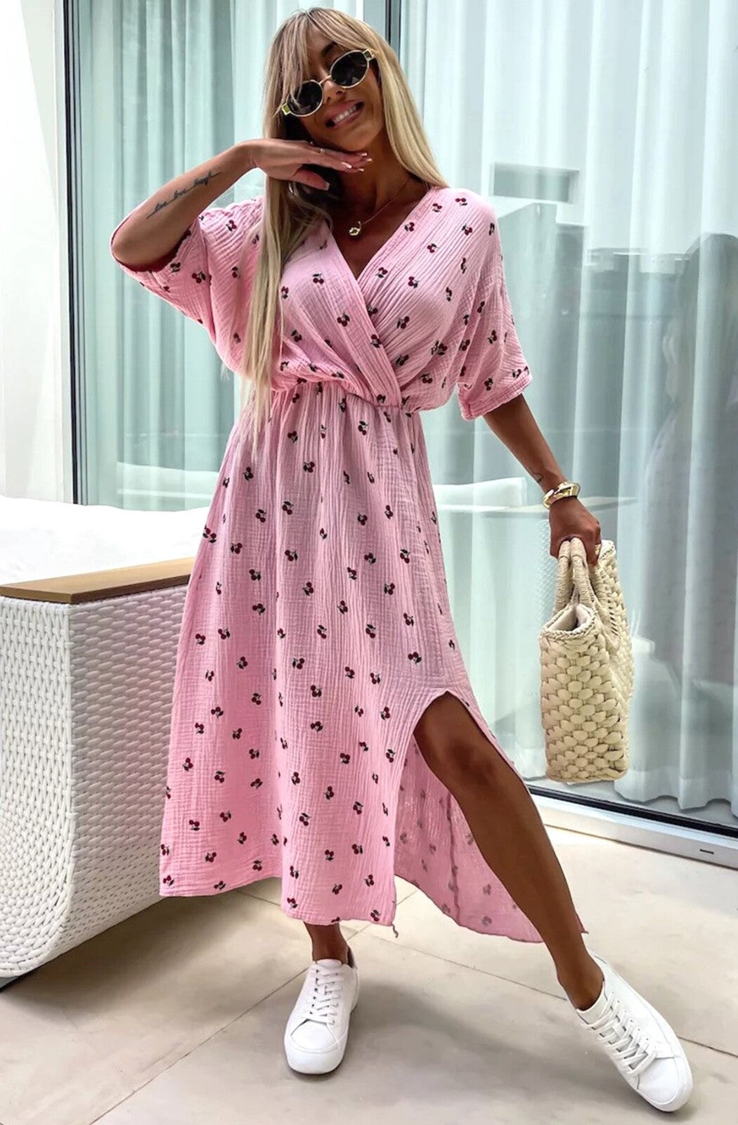 Cotton Dress Faux Wrap Side Slit Midaxi Length OS Fits 8 to 12 BNWT