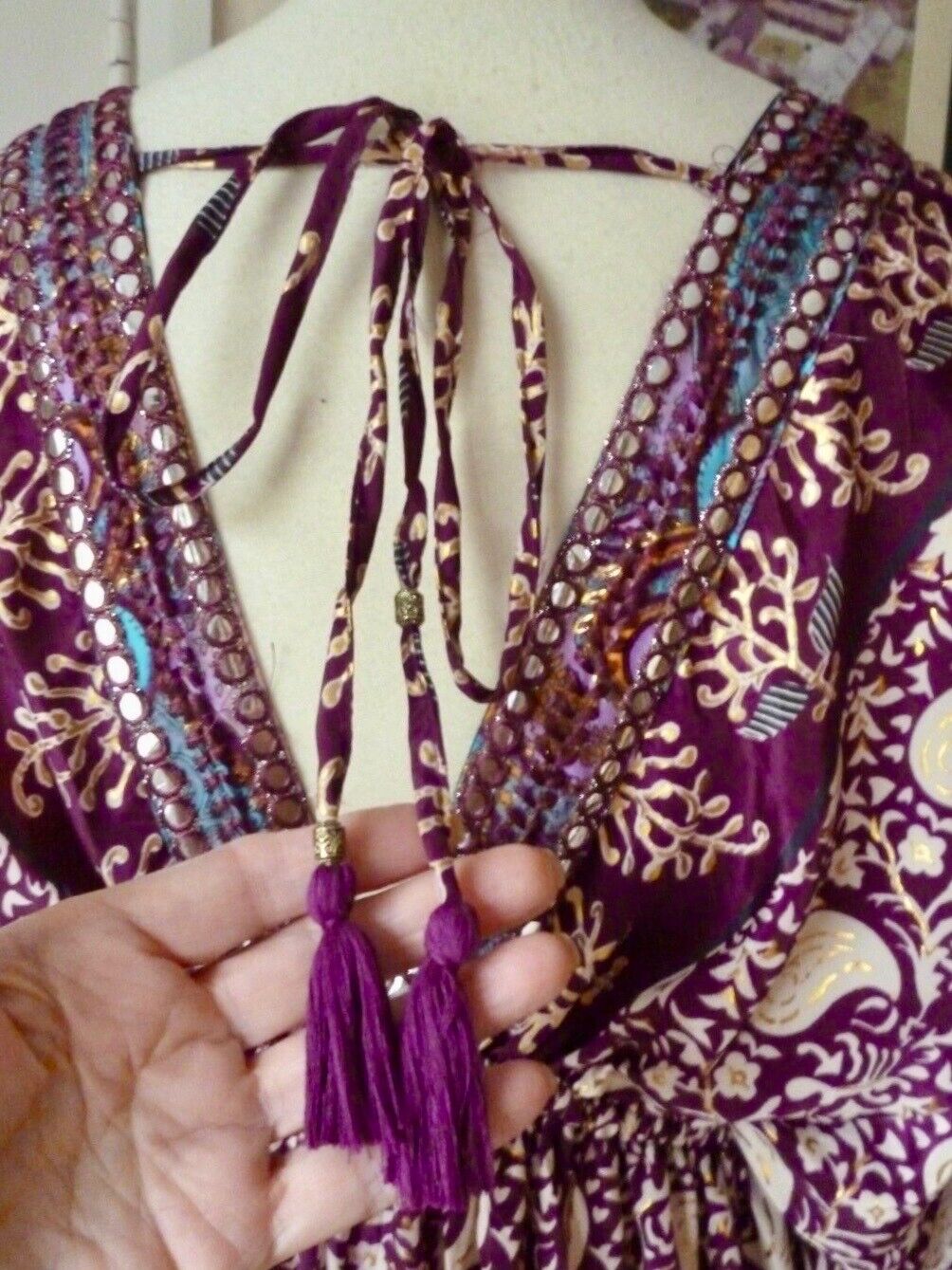 Silk Dress OS Purple Paisley Batwing Sleeve Tiered Ruffle Maxi Length BNWT