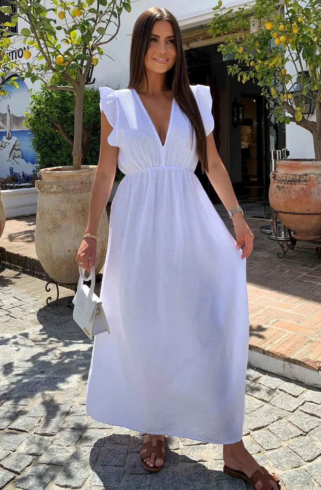 Cotton Dress V-Neck Maxi Length White or Blue S, M, L  BNWT