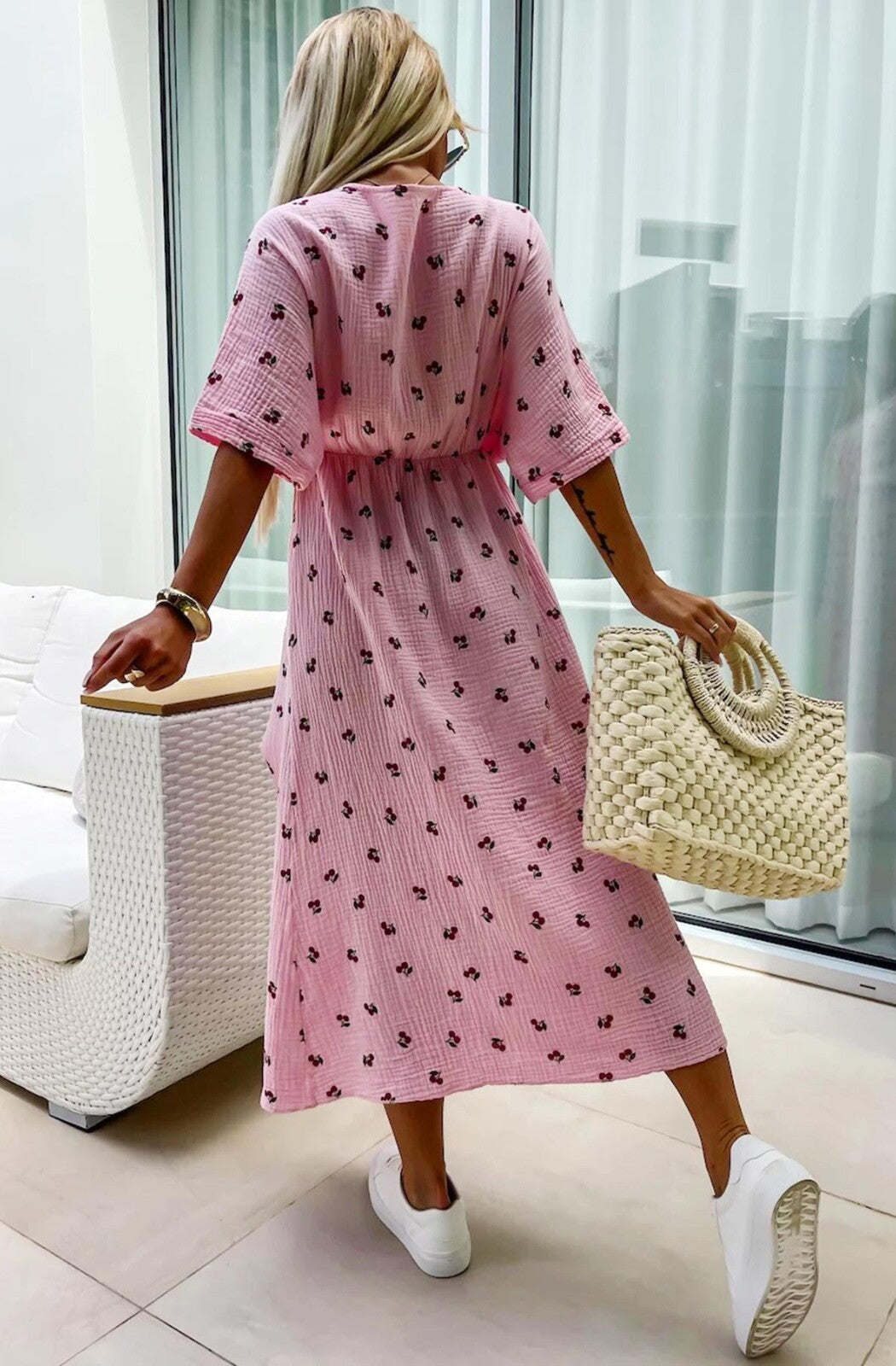 Cotton Dress Faux Wrap Side Slit Midaxi Length OS Fits 8 to 12 BNWT
