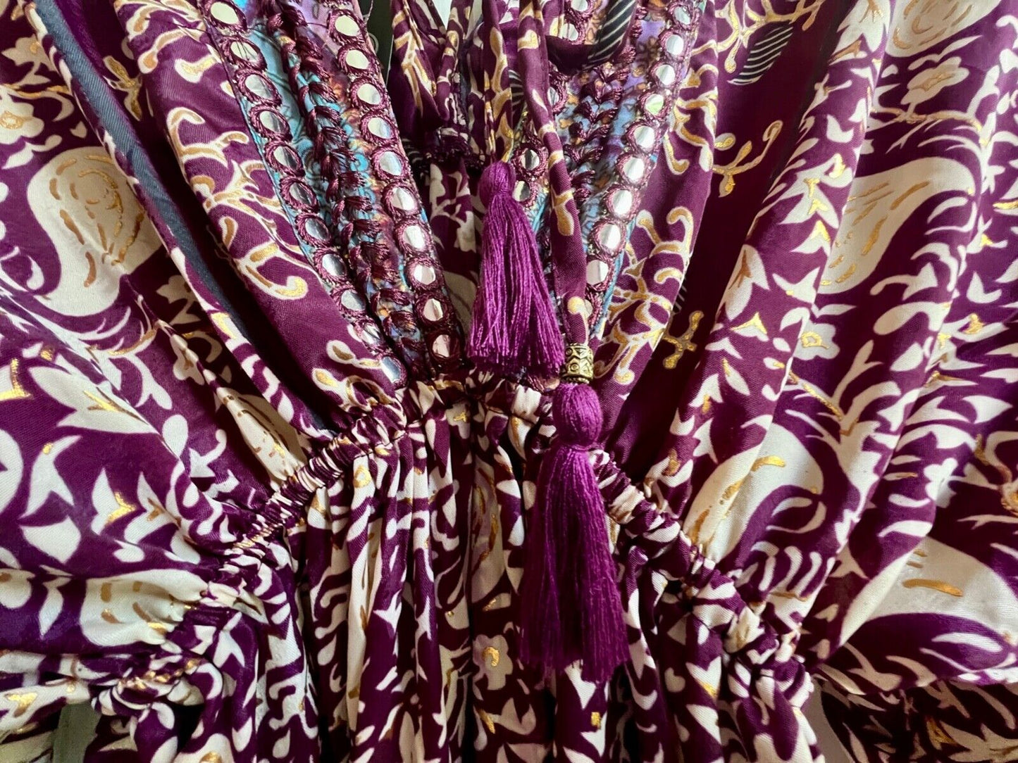 Silk Dress OS Purple Paisley Batwing Sleeve Tiered Ruffle Maxi Length BNWT