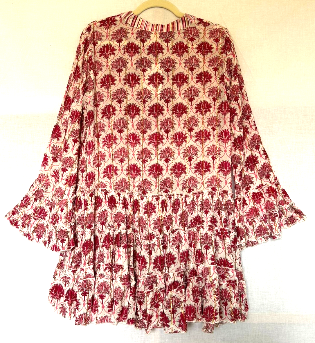 Tunic Dress Free Size Pink & Gold Ruffle Hem Button Through Contrast Trim BNWT