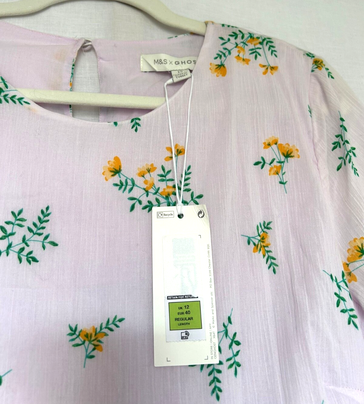 GHOST X M&S Dress 12 Cotton Lined Pale Lilac Midi Floral Tea Dress Style BNWT
