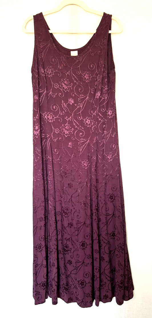 Dress 14 Purple Sleeveless Round Neck Embroidered Midi Length Ties at Back (Pre-Loved)