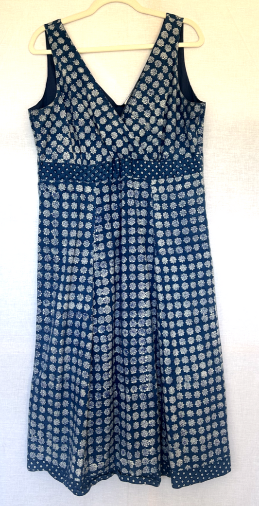 ANOKHI Dress 16 Blue & White Cotton Hand Block Printed Midi Length (Pre-Loved)