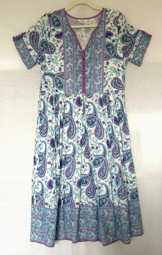 PENNY PLAIN Dress 12 Purple & Turquoise Cotton Hand Block Printed Buttons Lined (Pre-Loved)