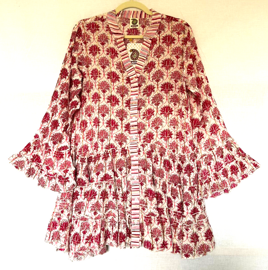 Tunic Dress Free Size Pink & Gold Ruffle Hem Button Through Contrast Trim BNWT